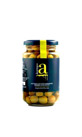Organic green olives Arbequina in glass jar 370g.
