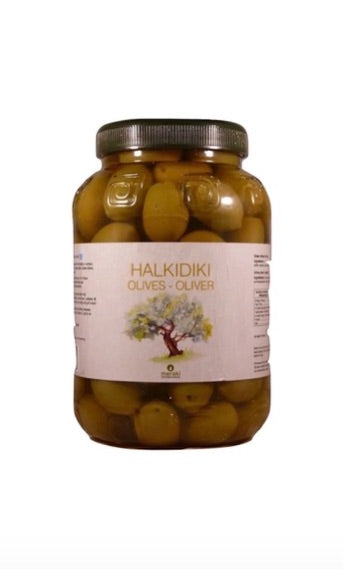 Big green olives Halkidiki in brine packed in plastic jar 1kg.
