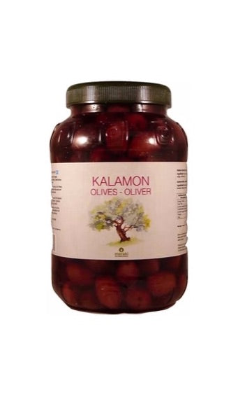 Kalamata Greek olives in olive oil and brine packed in plastic jar 1kg.